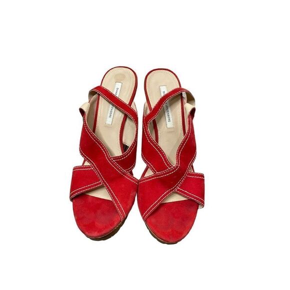 Diane Von Furstenberg DVF 'Julia' Heel in Red Suede Wedge Cork Heels 9.5 - Picture 4 of 11